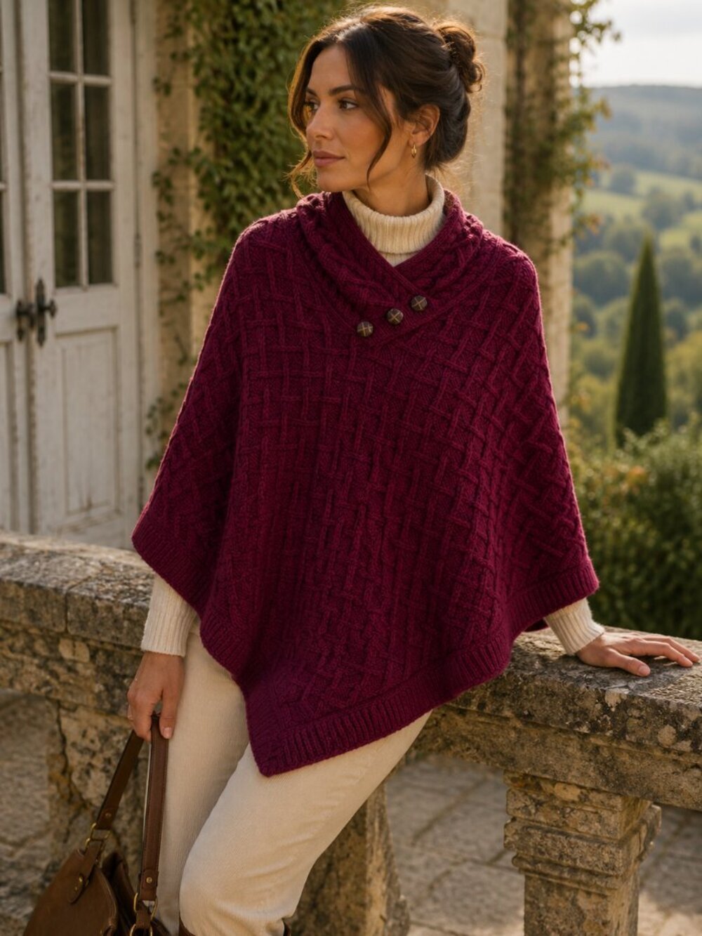 Quiet Luxury Aran Mor Merino Wool Poncho S Burgundy Cable Knit